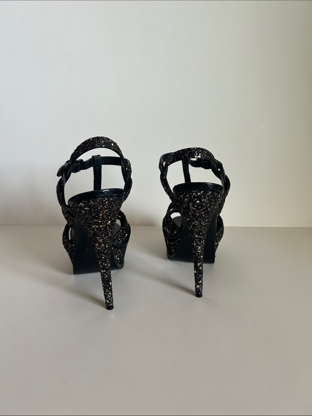 Saint Laurent Black Glitter Platform T-Strap Heels - Picture 3 of 3